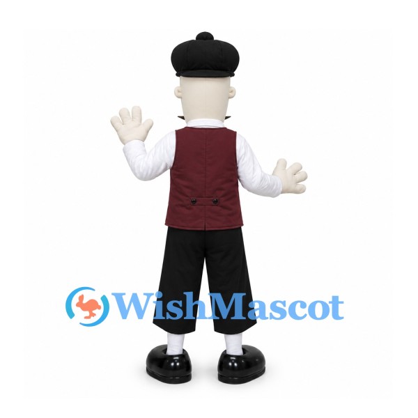 Man Mascot Costume with Black Beret and Burgundy Vest