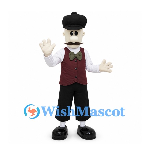 Man Mascot Costume with Black Beret and Burgundy Vest