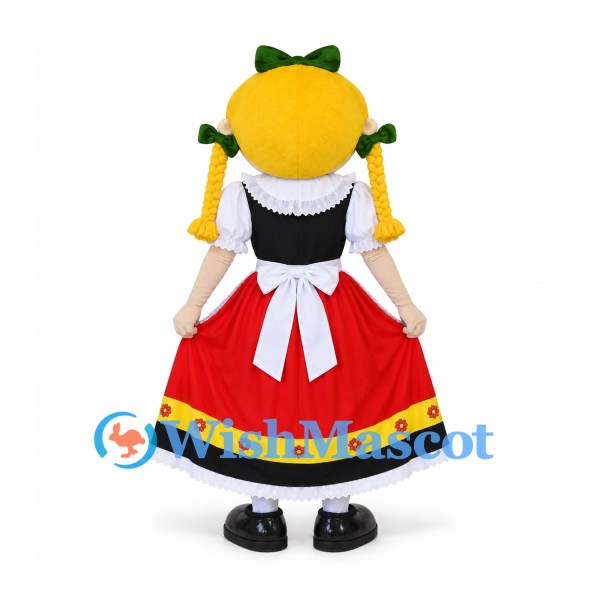 Folk Dancer Mascot Costume with Red Skirt and Braided Hair