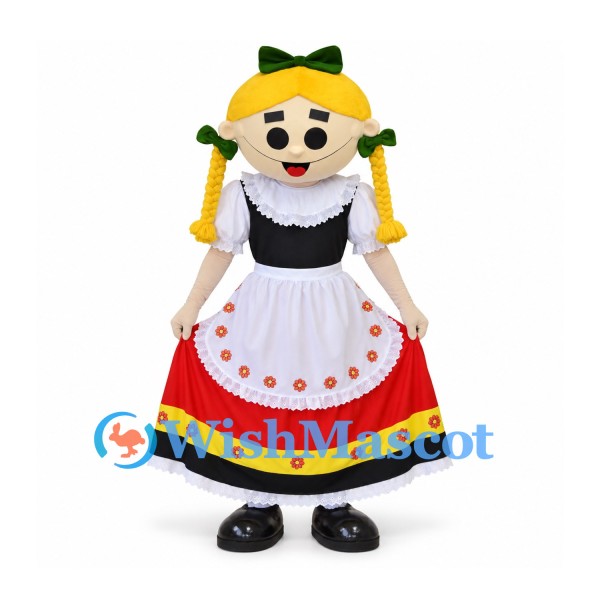 Folk Dancer Mascot Costume with Red Skirt and Braided Hair
