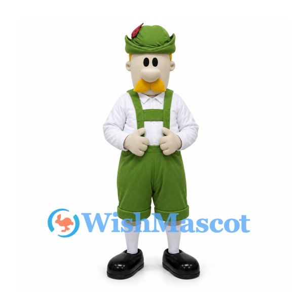 Folk Dancer Mascot Costume with Green Lederhosen and Hat