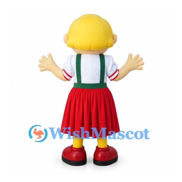 Folk Dancer Mascot Costume with Red Skirt and Green Suspenders