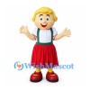 Folk Dancer Mascot Costume with Red Skirt and Green Suspenders