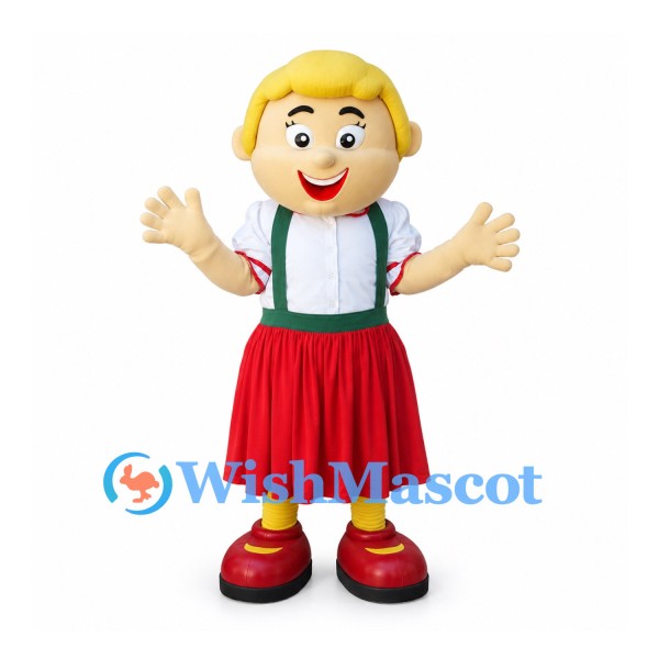 Folk Dancer Mascot Costume with Red Skirt and Green Suspenders