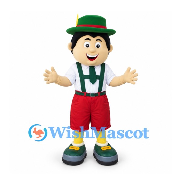 Folk Dancer Mascot Costume with Green Hat and Red Lederhosen