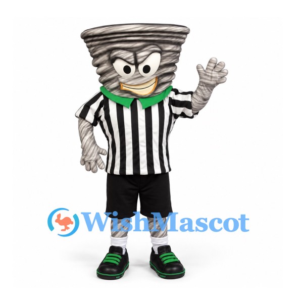 Tornado Mascot Costume with Referee Shirt and Black Shorts