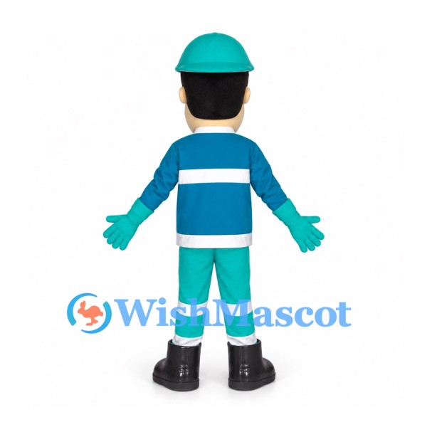 Road Worker Mascot Costume with Teal Uniform and Reflective Stripes