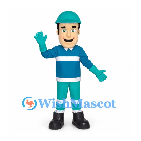 Road Worker Mascot Costume with Teal Uniform and Reflective Stripes