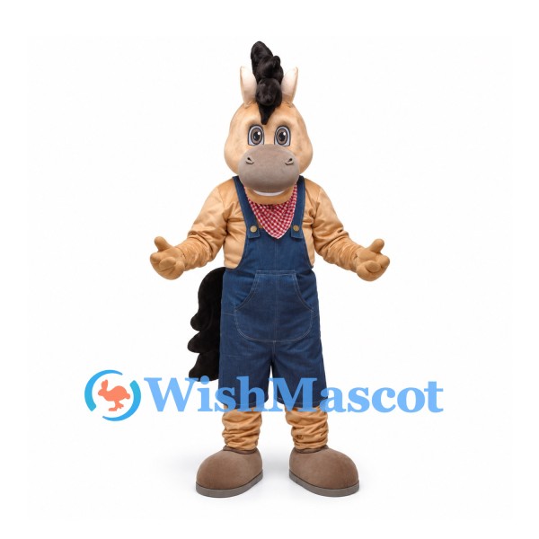 Horse Mascot Costume with Navy Overalls and Bandana