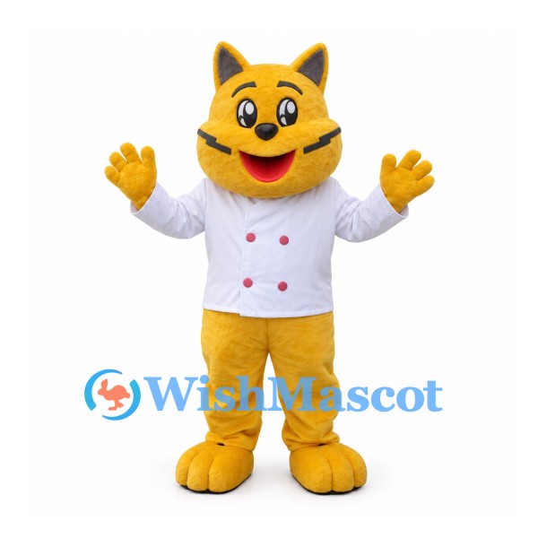 Cat Mascot Costume in Yellow with White Chef Jacket
