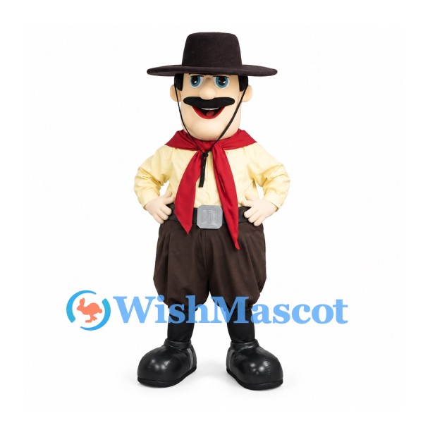 Cowboy Mascot Costume with Black Hat and Brown Pants