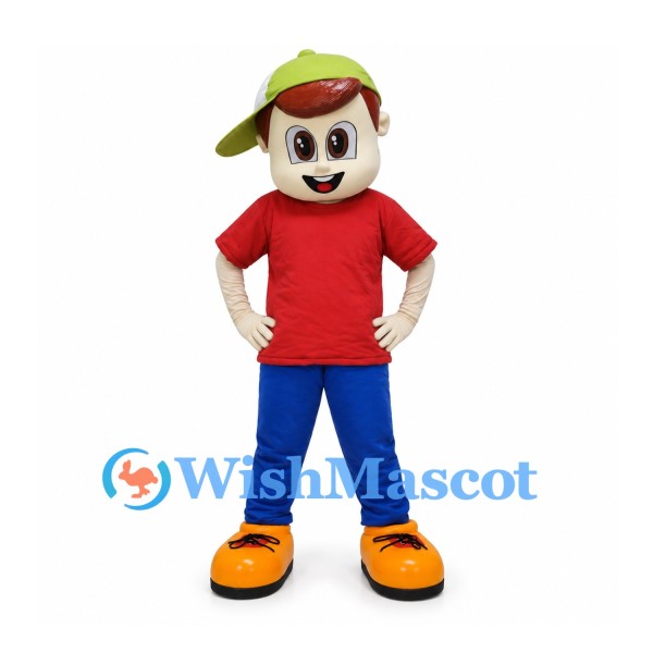 Boy Mascot Costume with Green Cap and Red Shirt