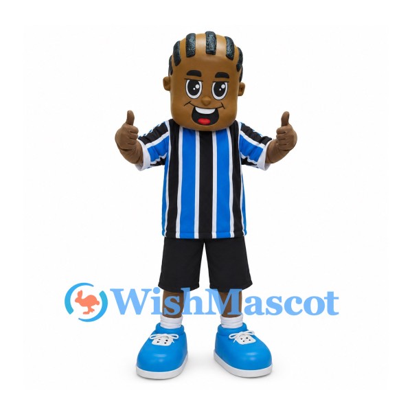 Boy Mascot Costume with Blue and Black Striped Soccer Jersey