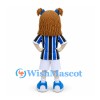 Girl Mascot Costume with Blue and Black Striped Soccer Jersey
