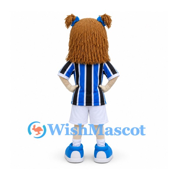 Girl Mascot Costume with Blue and Black Striped Soccer Jersey