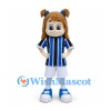 Girl Mascot Costume with Blue and Black Striped Soccer Jersey