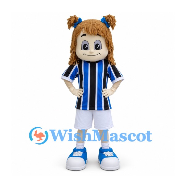 Girl Mascot Costume with Blue and Black Striped Soccer Jersey