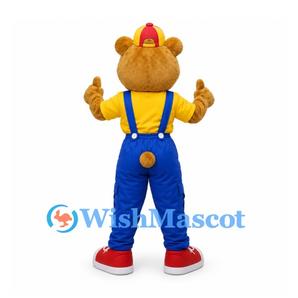 Bear Mascot Costume with Red Cap and Blue Overalls