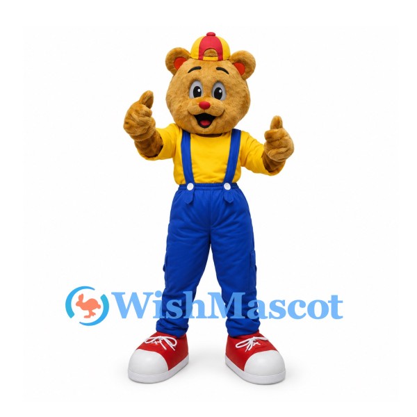 Bear Mascot Costume with Red Cap and Blue Overalls