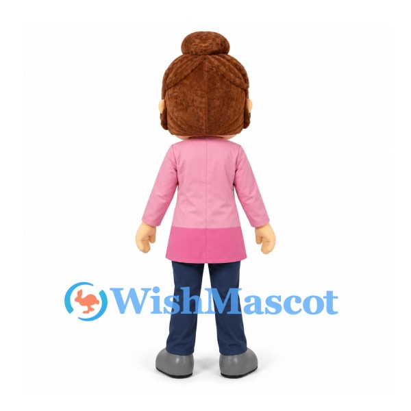 Woman Mascot Costume with Brown Hair Bun and Pink Jacket