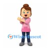 Woman Mascot Costume with Brown Hair Bun and Pink Jacket