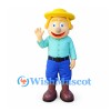 Farmer Mascot Costume with Yellow Hat and Blue Shorts