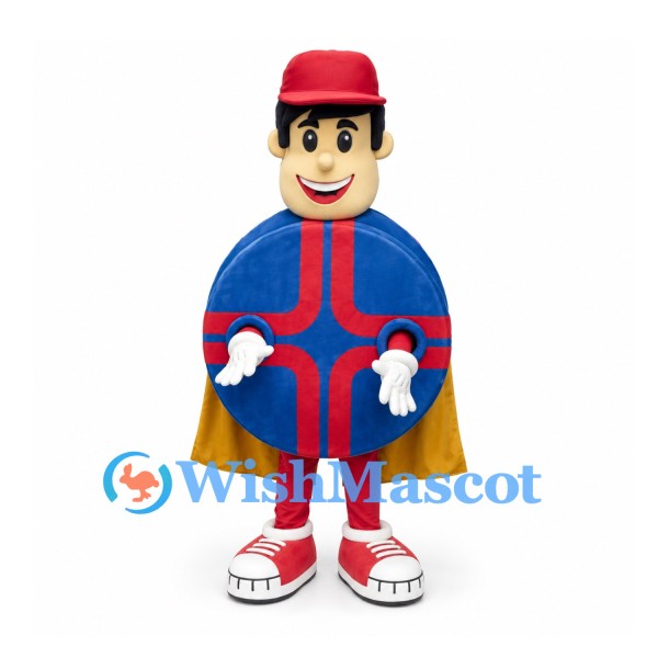 Superhero Mascot Costume with Blue Shield Body and Yellow Cape