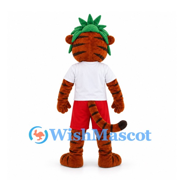 Tiger Mascot Costume with Green Head Wrap and Red Shorts