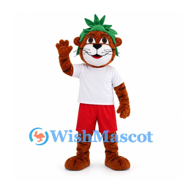 Tiger Mascot Costume with Green Head Wrap and Red Shorts