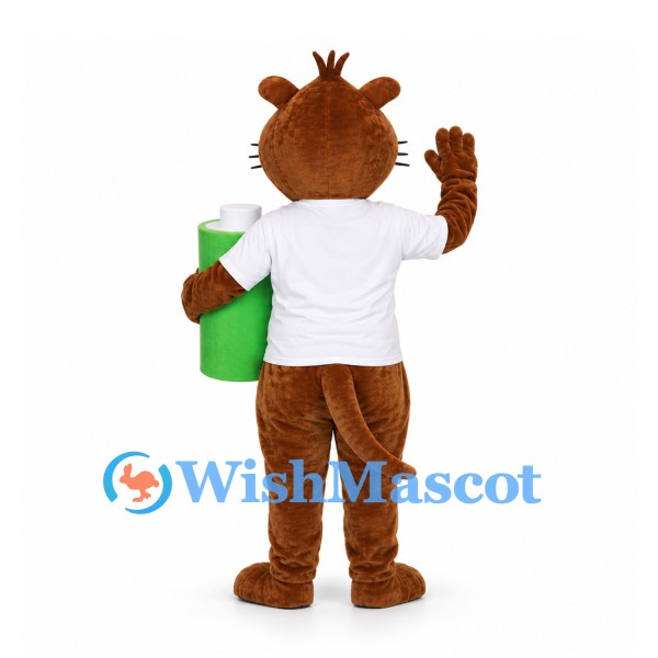 Cat Mascot Costume in Brown with White Shirt and Green Roll