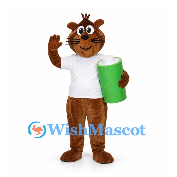 Cat Mascot Costume in Brown with White Shirt and Green Roll