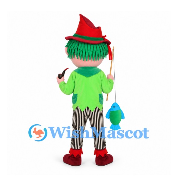 Storybook Fisherman Mascot Costume with Red Hat and Green Hair