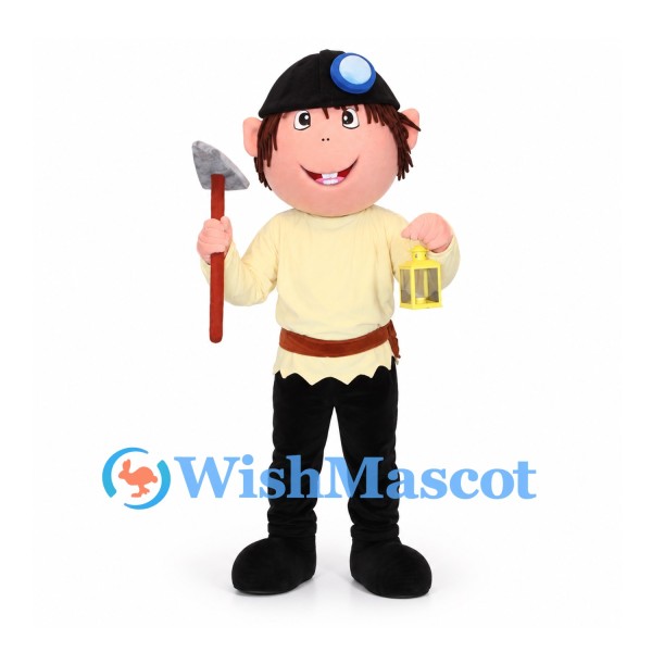 Miner Mascot Costume with Helmet Lamp and Pickaxe