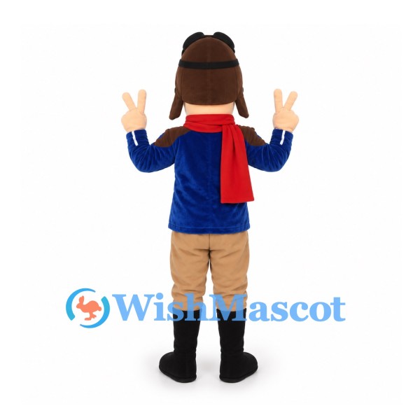 Aviator Mascot Costume with Blue Jacket and Red Scarf
