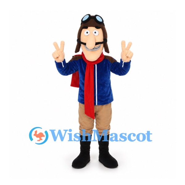 Aviator Mascot Costume with Blue Jacket and Red Scarf