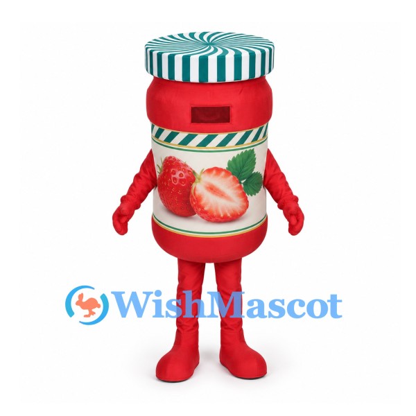 Strawberry Jam Jar Mascot Costume with Green Striped Lid