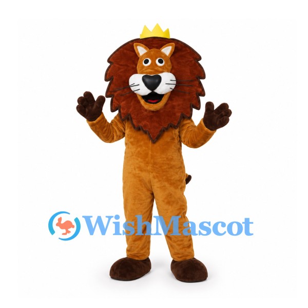 Lion Mascot Costume with Gold Crown and Brown Mane