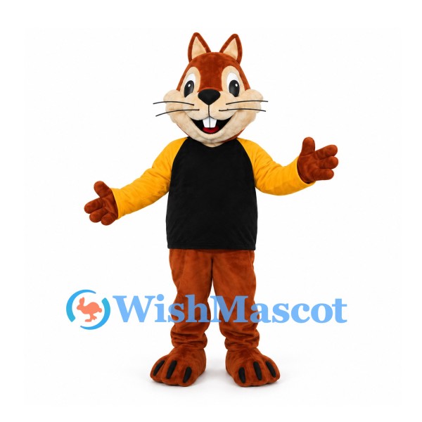 Squirrel Mascot Costume with Black Shirt and Yellow Sleeves