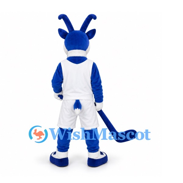 Antelope Mascot Costume in Blue and White with Hockey Stick