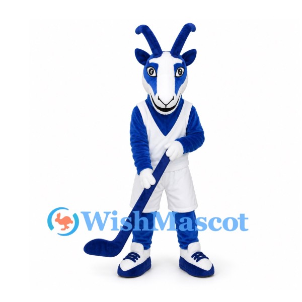 Antelope Mascot Costume in Blue and White with Hockey Stick