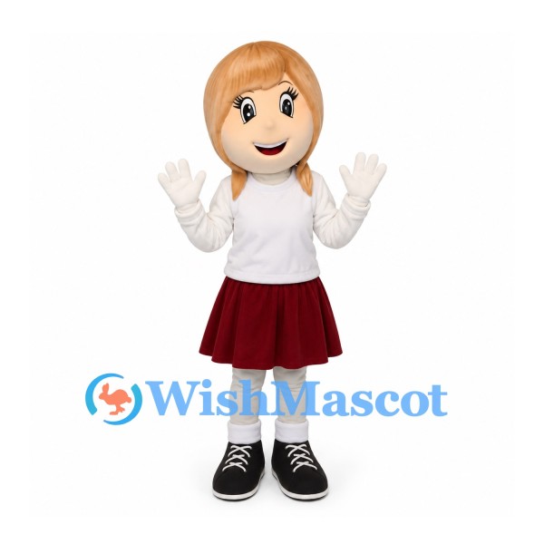 Girl Mascot Costume with White Shirt and Burgundy Skirt