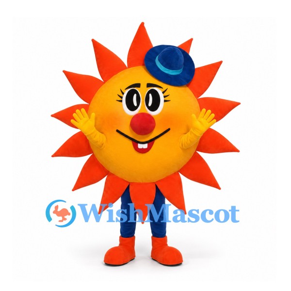Sun Mascot Costume with Blue Hat and Orange Rays