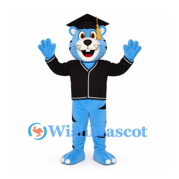 Tiger Mascot Costume in Blue with Graduation Cap
