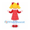 Girl Mascot Costume with Blond Pigtails and Red Floral Dress