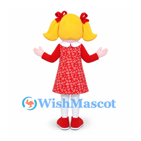Girl Mascot Costume with Blond Pigtails and Red Floral Dress