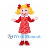 Girl Mascot Costume with Blond Pigtails and Red Floral Dress
