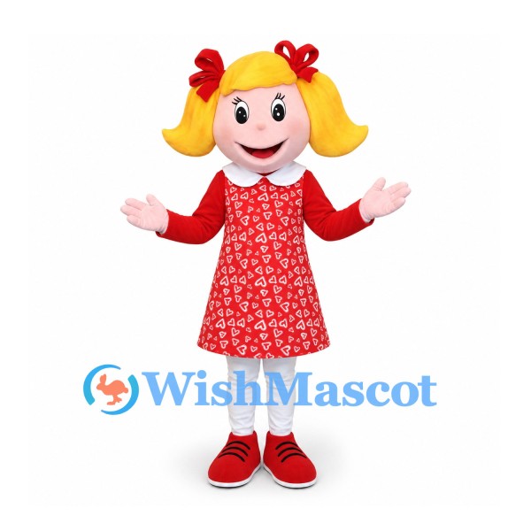 Girl Mascot Costume with Blond Pigtails and Red Floral Dress