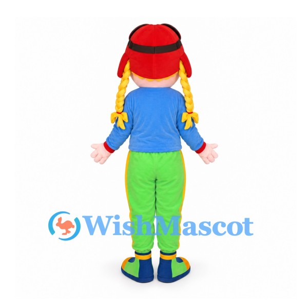 Girl Mascot Costume with Red Hat and Green Pants