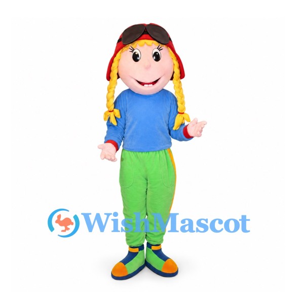 Girl Mascot Costume with Red Hat and Green Pants
