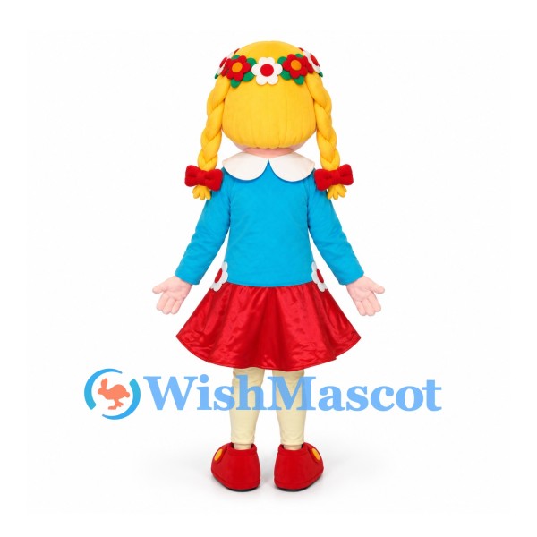 Flower Girl Mascot Costume with Blond Braids and Red Skirt